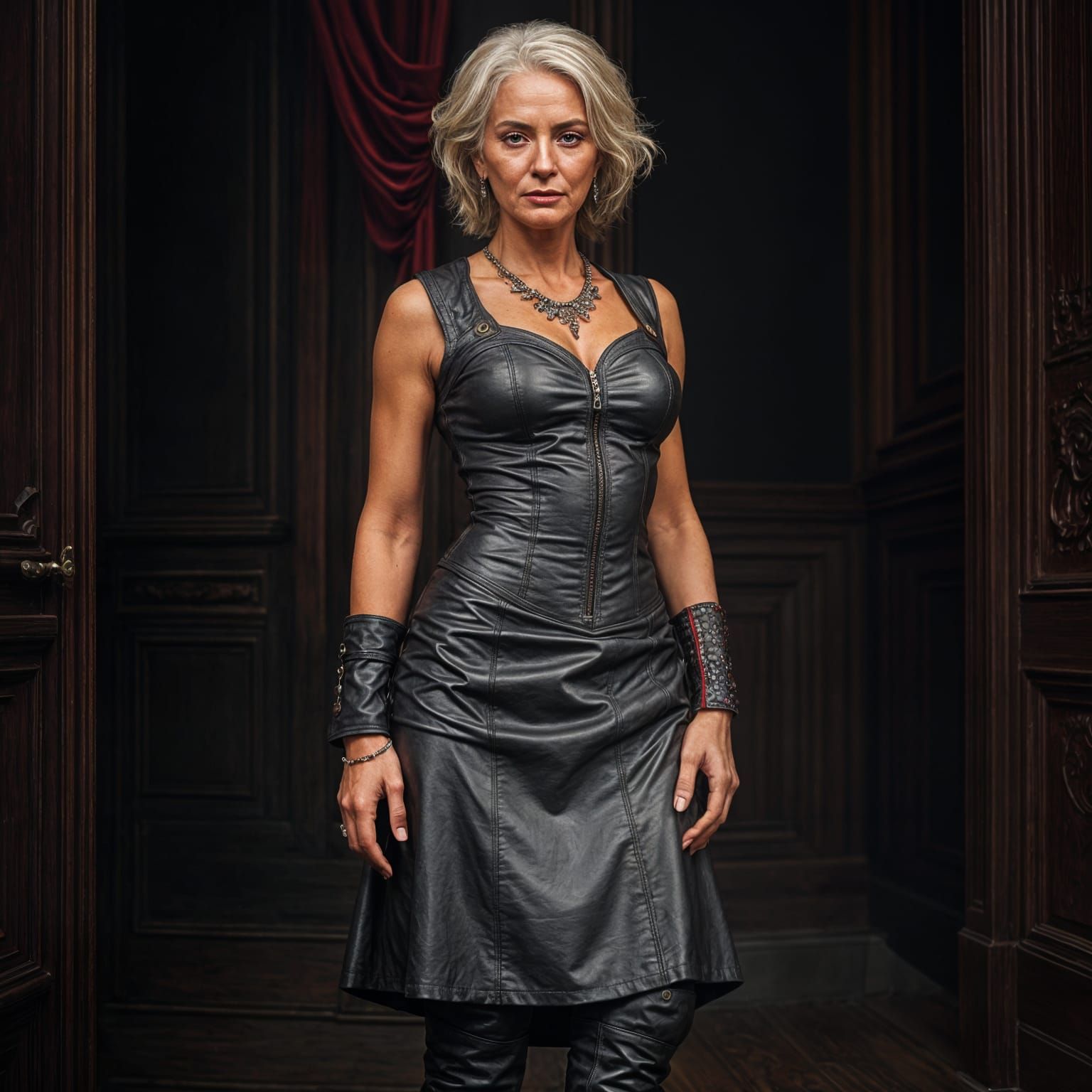 Hyperrealistic Older Woman Devil in Leather Dress