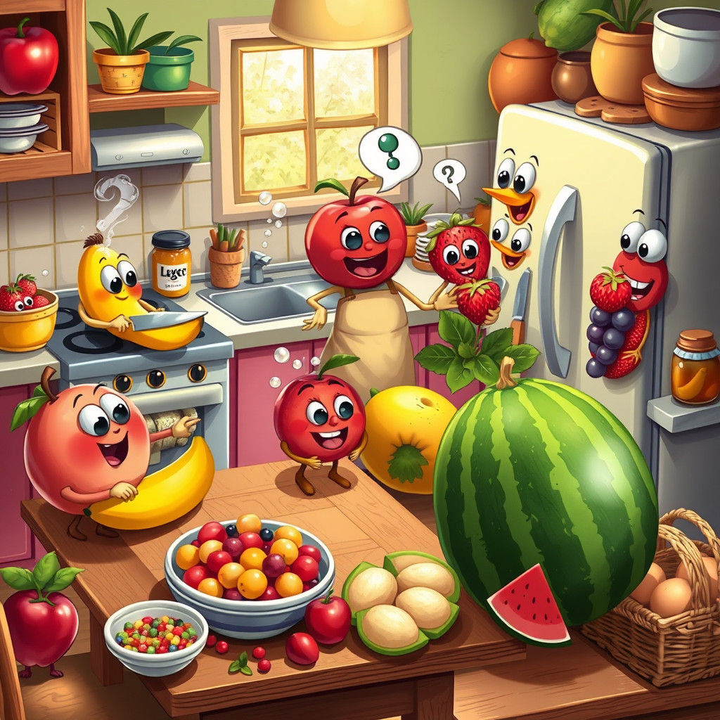 Anthropomorphic Fruits in a Vibrant Kitchen Scene