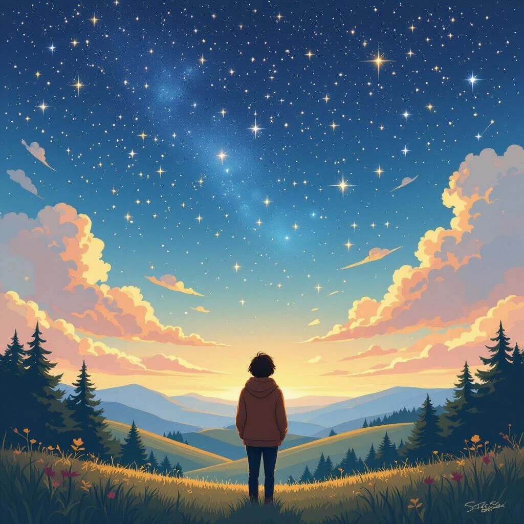 Starry Night Scene in Whimsical Style