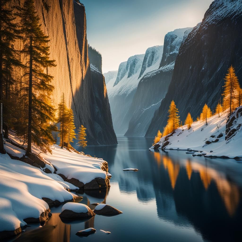 A narrow fjord surrounded by steep, snow-capped cliffs durin...