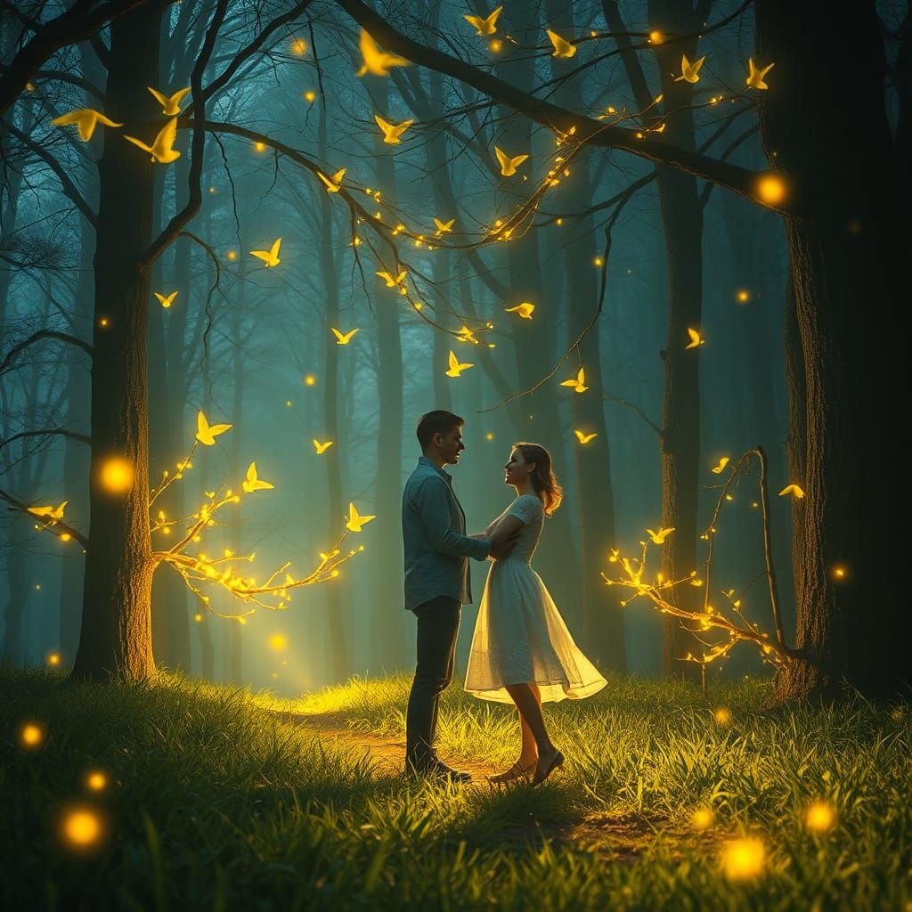 Enchanted Forest: Couple Embraced in Yellow Light