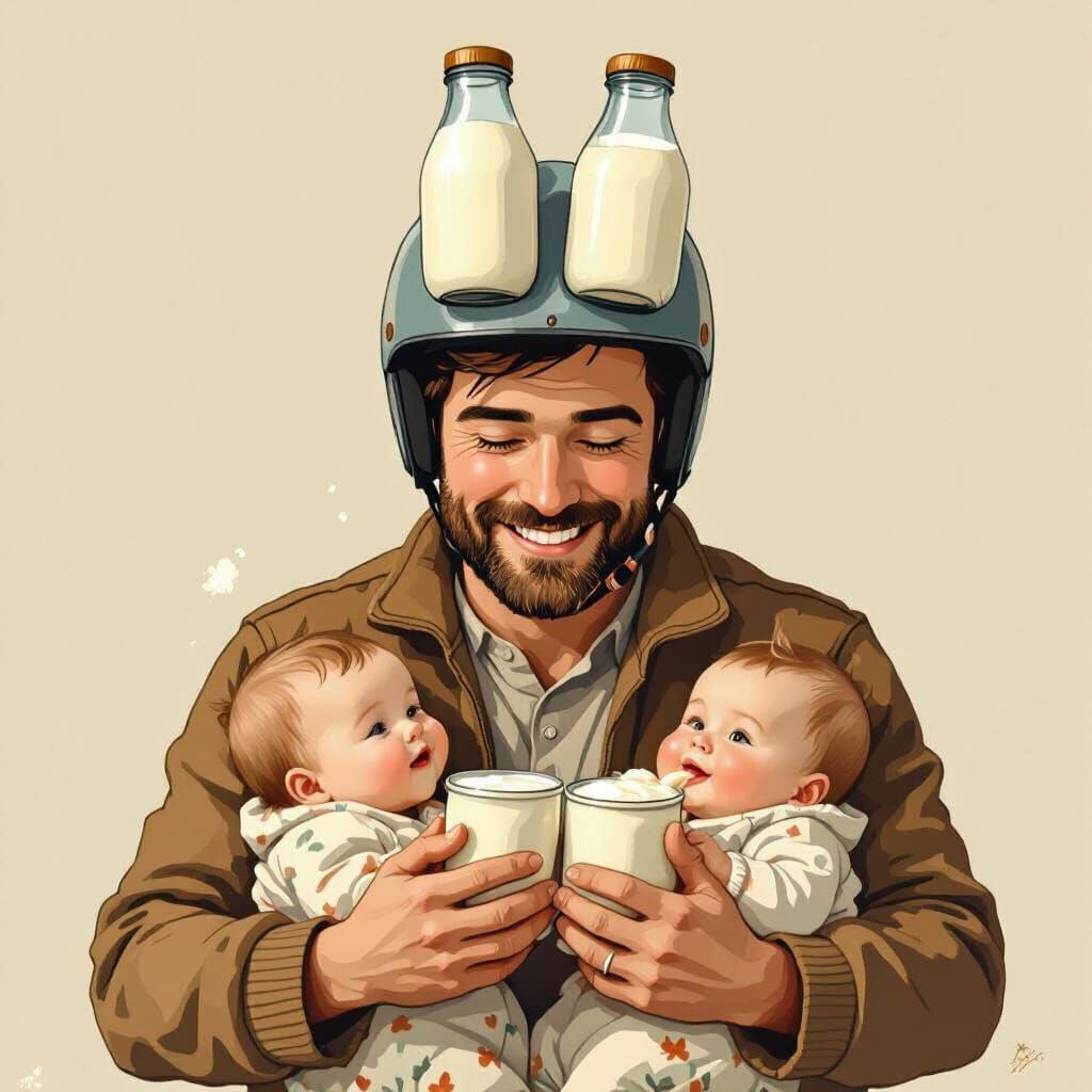 Man Feeds Babies With Milk Helmet, Whimsical Art
