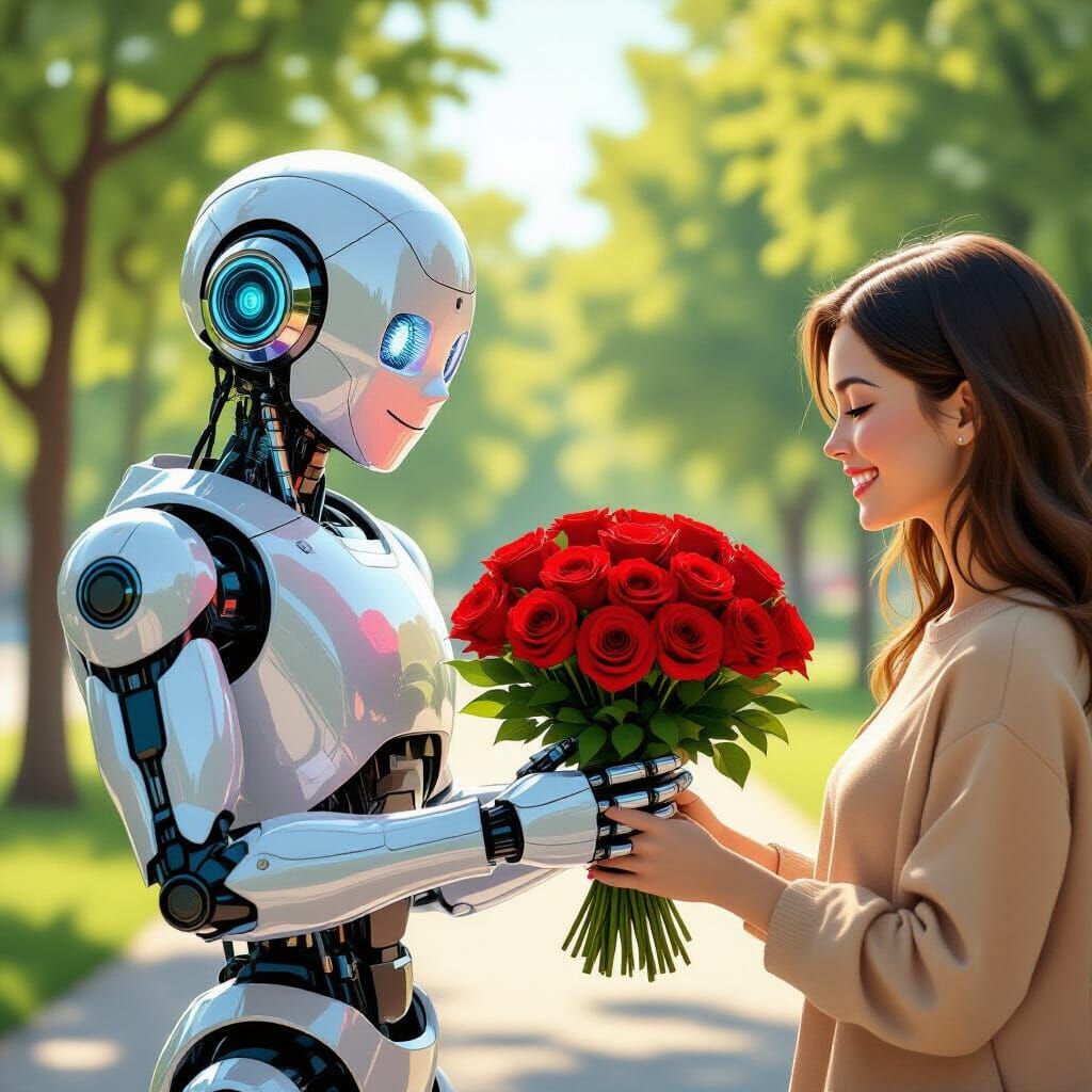 AI Art: Robot Offers Roses to Human Friend in Sunny Park