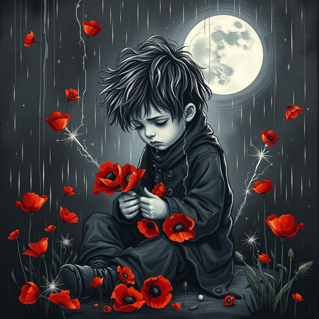 Melancholic Boy with Poppies in Expressionist Style