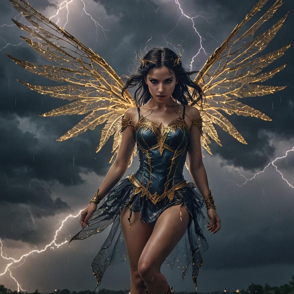 A dark haired Lightning fairy with midnight  eyes glowing in...