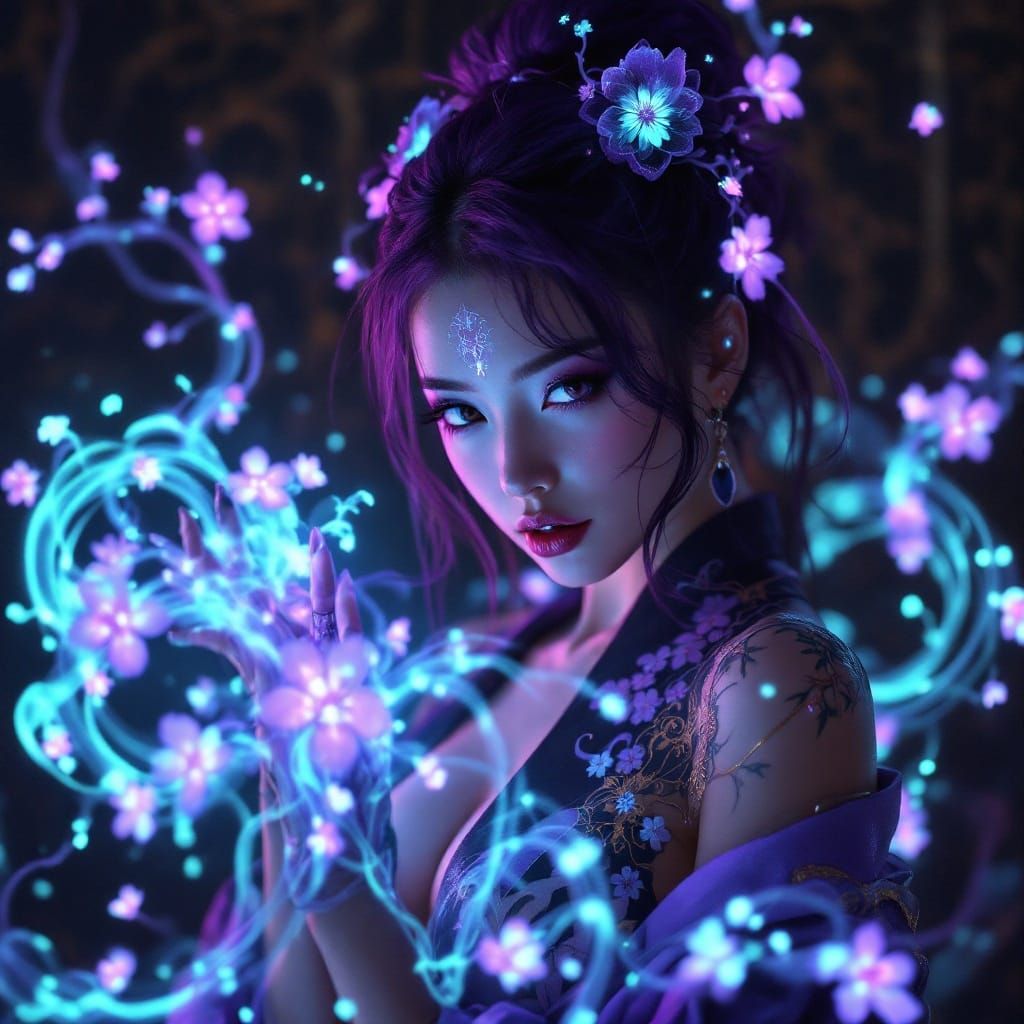 Cyberpunk Asian Goddess in Bioluminescent Kimono with Azure...