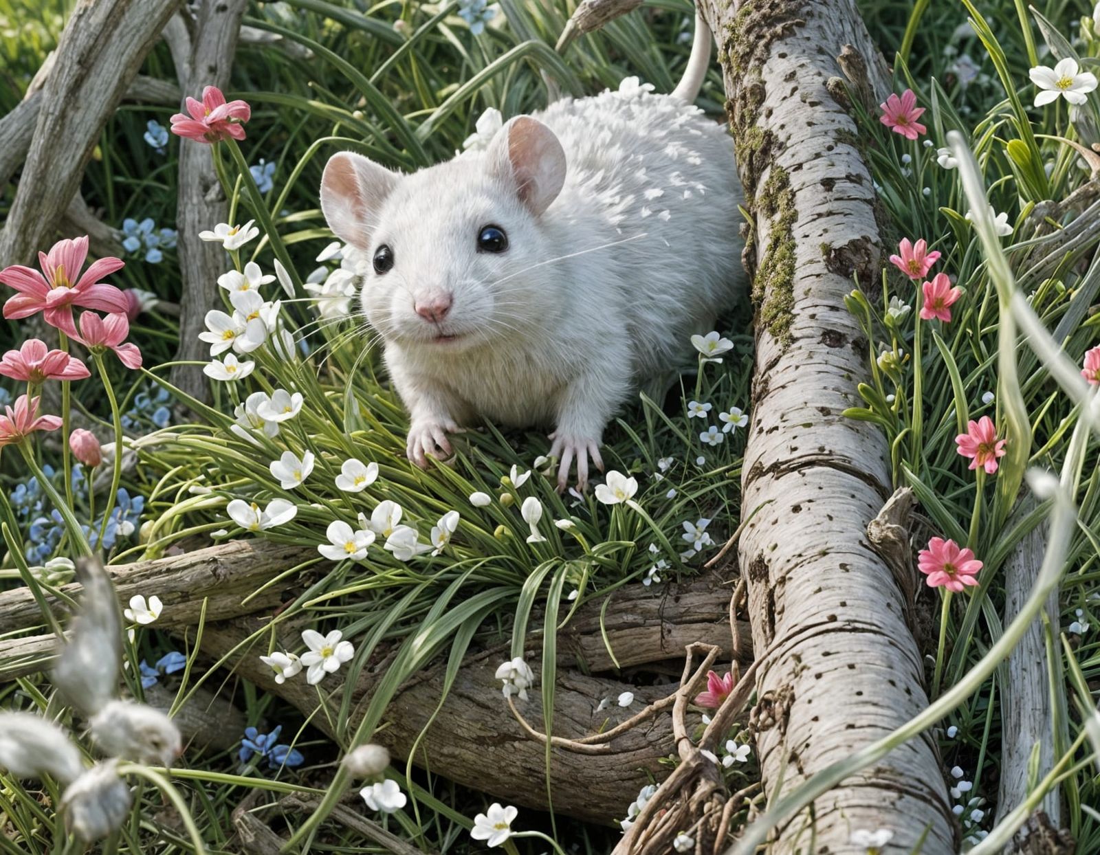 Whimsical White Rat Surrounded by Spring Blooms in a Sunlit ...