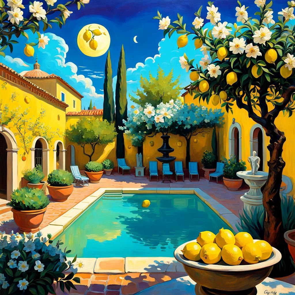 Springtime Italian Courtyard with Van Gogh Moon