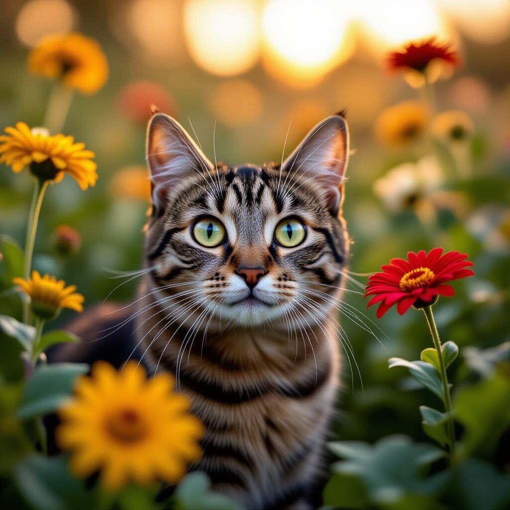 Big-Eyed Cat Among Autumn Flowers: Cinematic Still