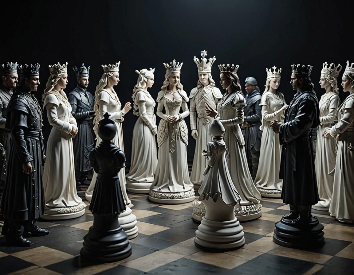 Elaborate Human Chess Game in Art Nouveau Style