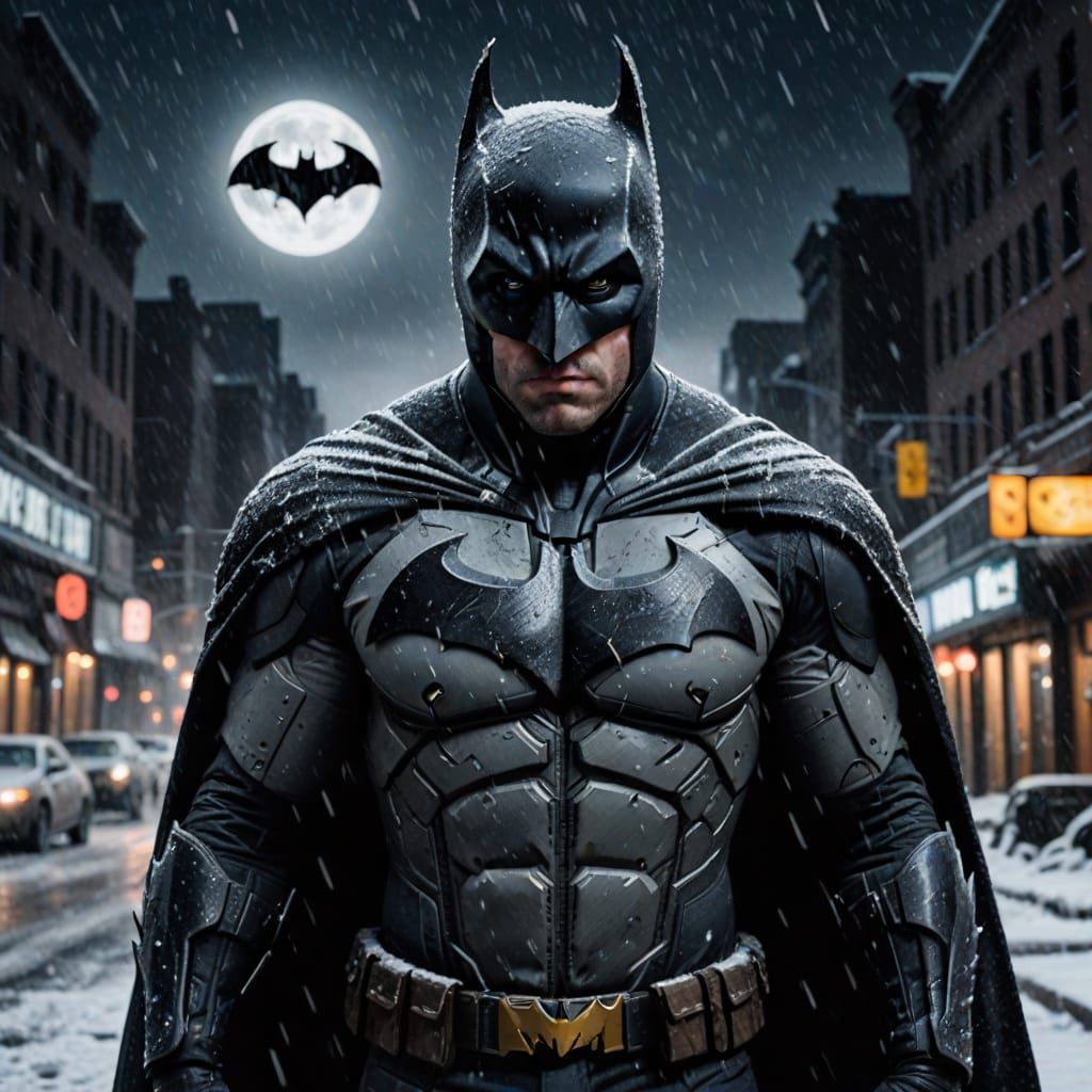 Post-Apocalyptic Batman in Snowy Gotham Night