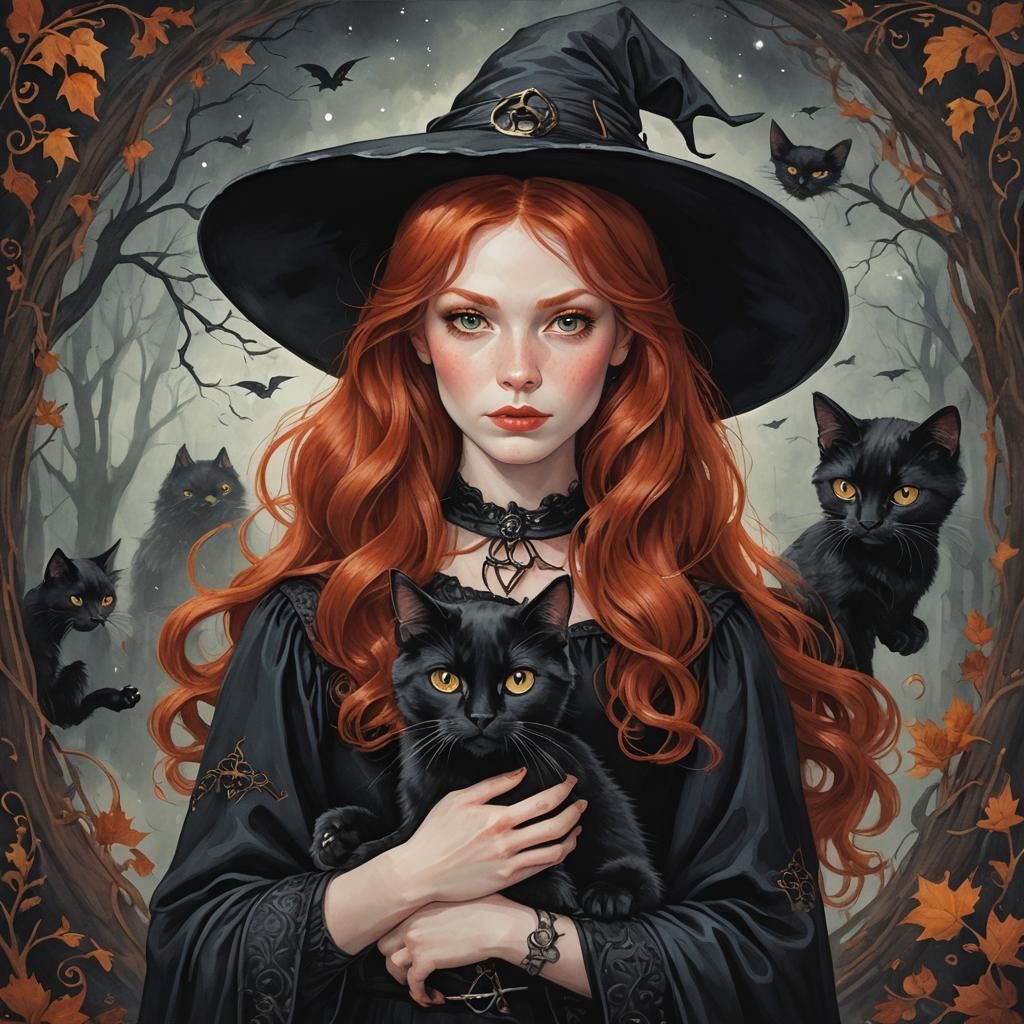 Redhead Witch with Black Cat