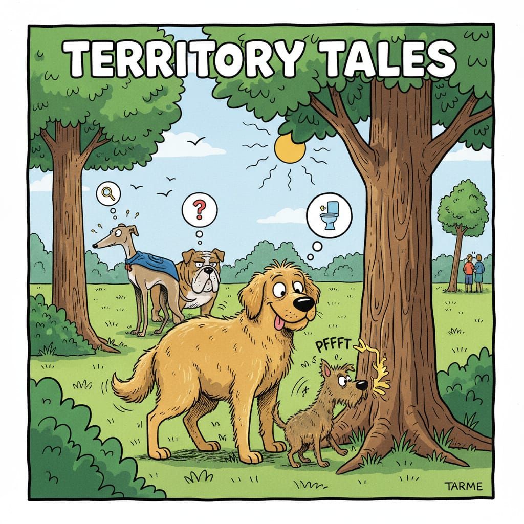 Humorous Comic Art of Dogs Marking Trees in Park