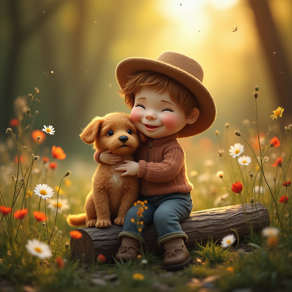 Hippie Doll with Puppy in Sunny Woods