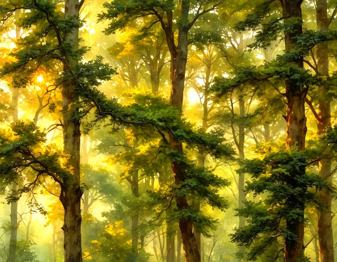 Peaceful Morning in a Spruce Forest