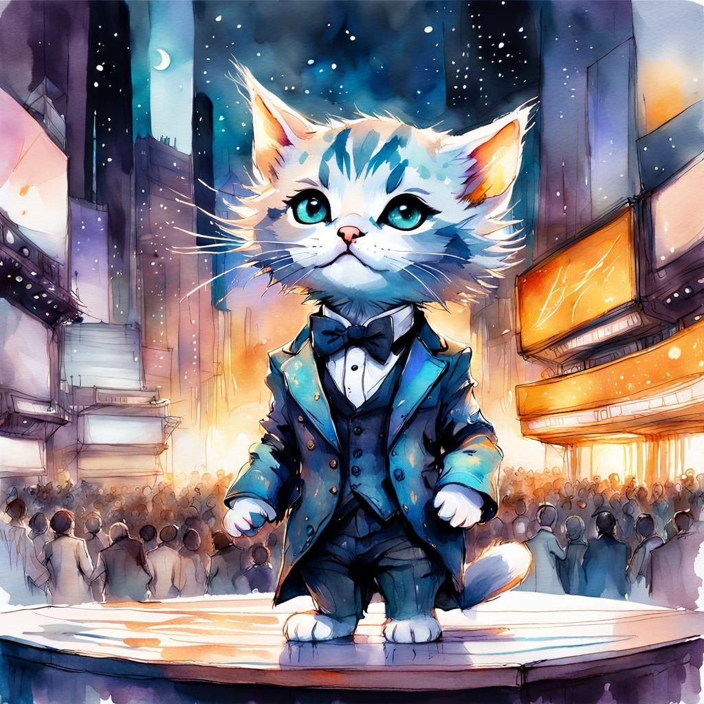 Chibi Kitten Opera Singer in Digital Watercolor