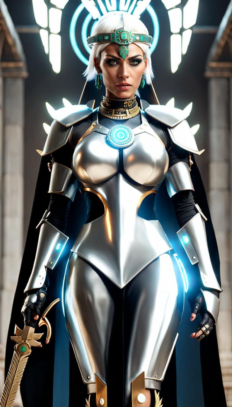 Aztec Warrior Woman in Cyberpunk Servo-Armor