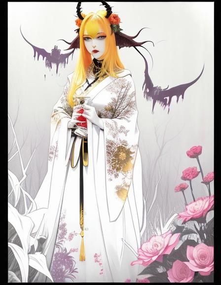 Dark Fantasy Demon Woman with Flowers and Neon Accents