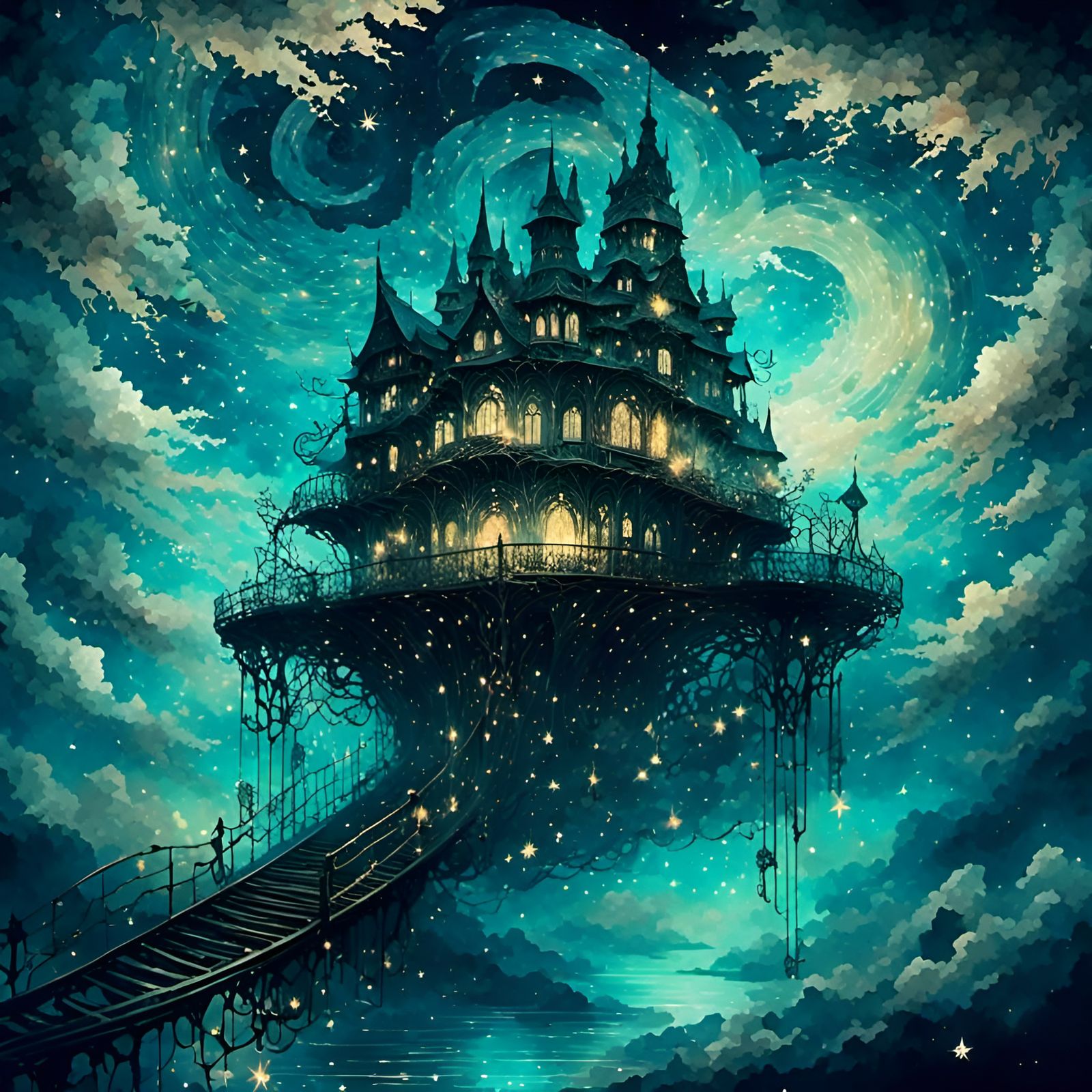 Lacy Ghostly Train in Clouds with Faerie Lights