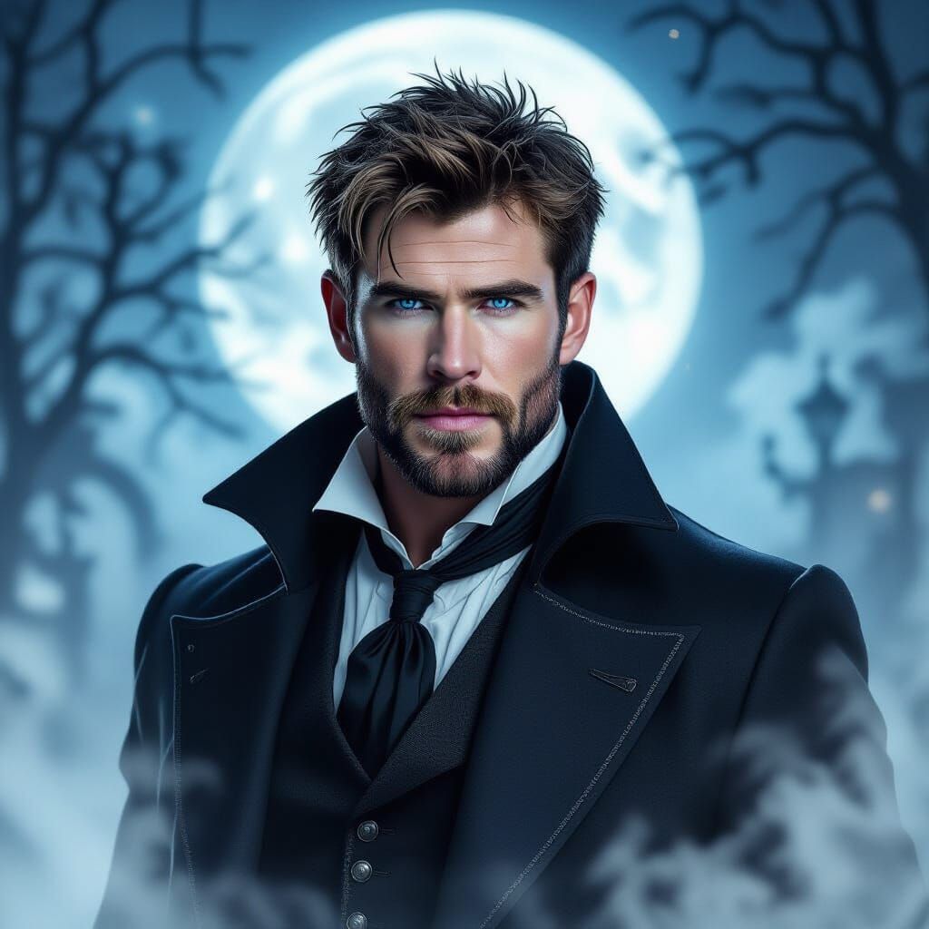 Gothic Vampire with Blue Eyes in Victorian Attire