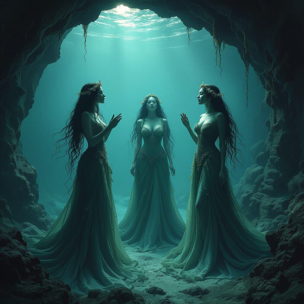 Eerie Mermaids Singing in an Underwater Cave