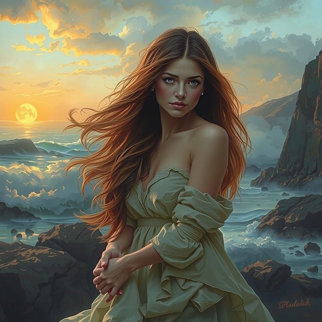 Hooded Figure in Mystical Landscape: Tenebrism Painting