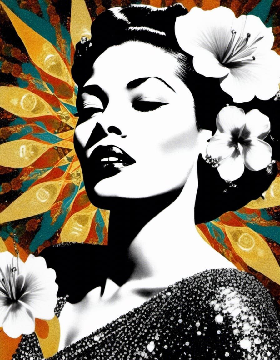 Billie Holiday Portrait: Black and White Iridescent Collage