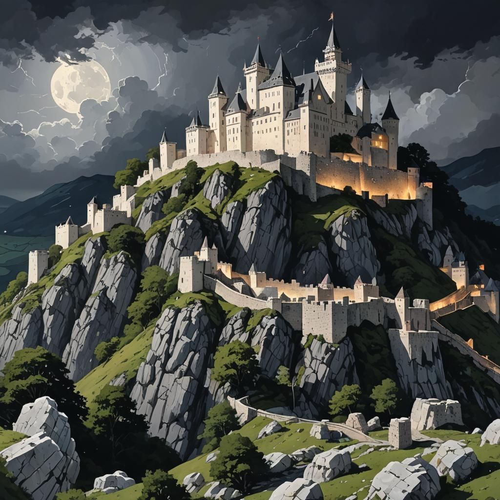 Majestic White Stone Castle Under Thunderstorm