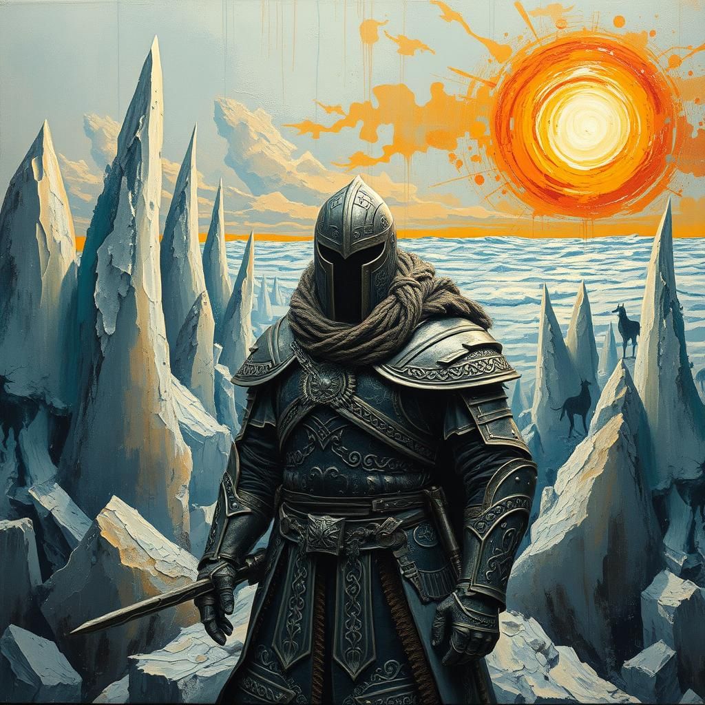 Armored Warrior in Frozen Impasto Landscape