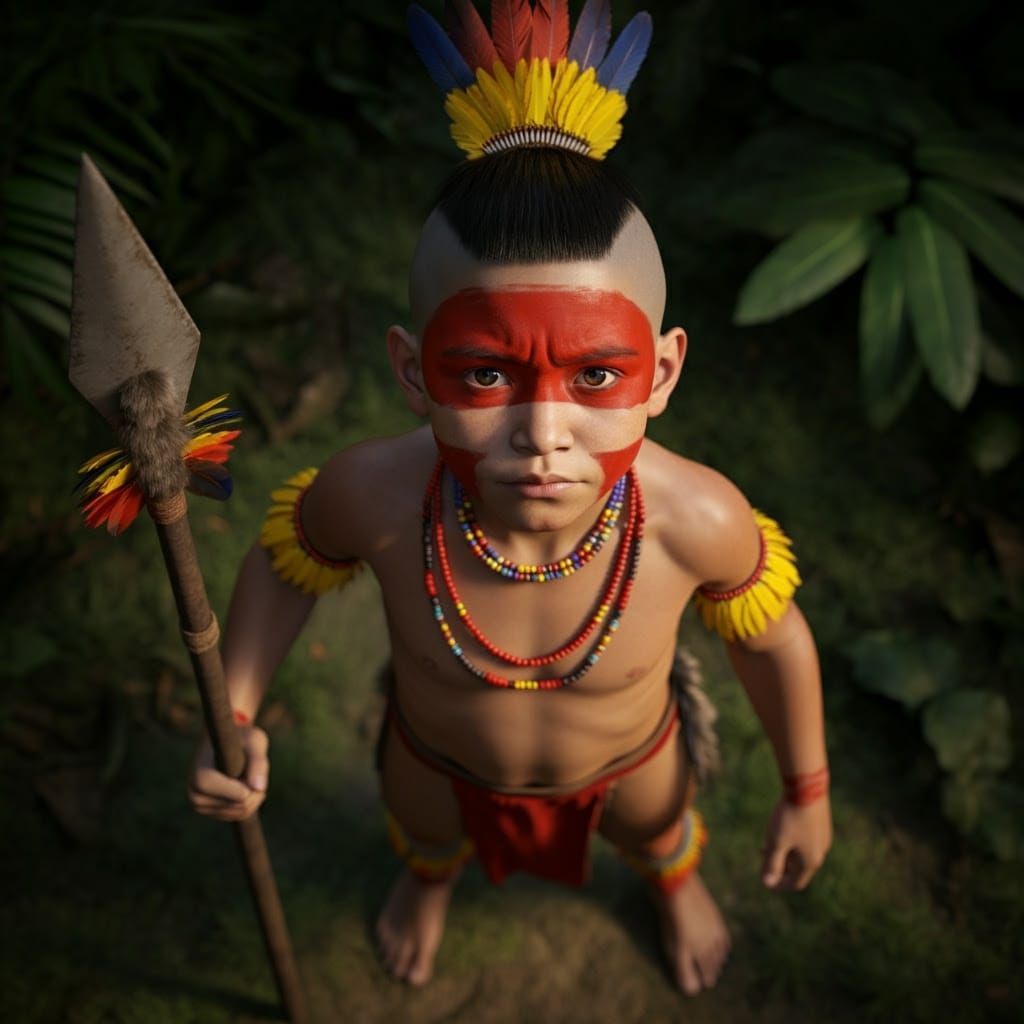 Amazonian Child Warrior in Rainforest Sunlight