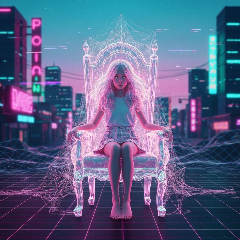 Girl on Holographic Throne in Retro Cityscape