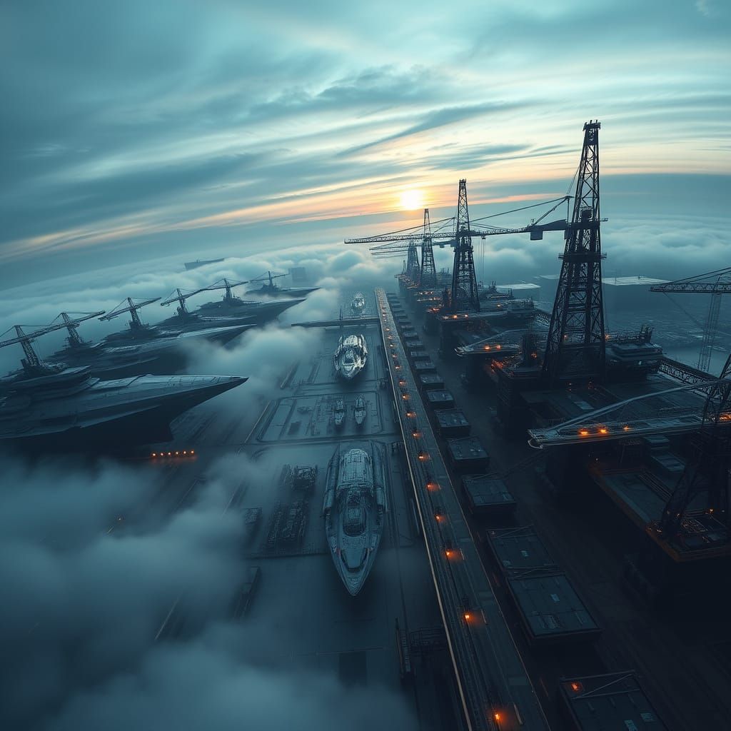 Hyperrealistic Spaceship Yard at Dawn