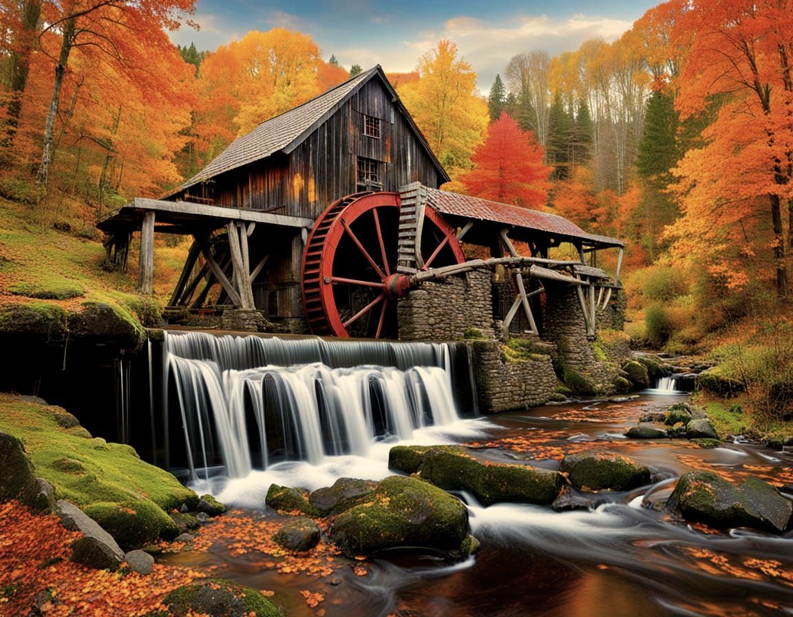 Picturesque Autumn Mill Stream in Expressionist Style
