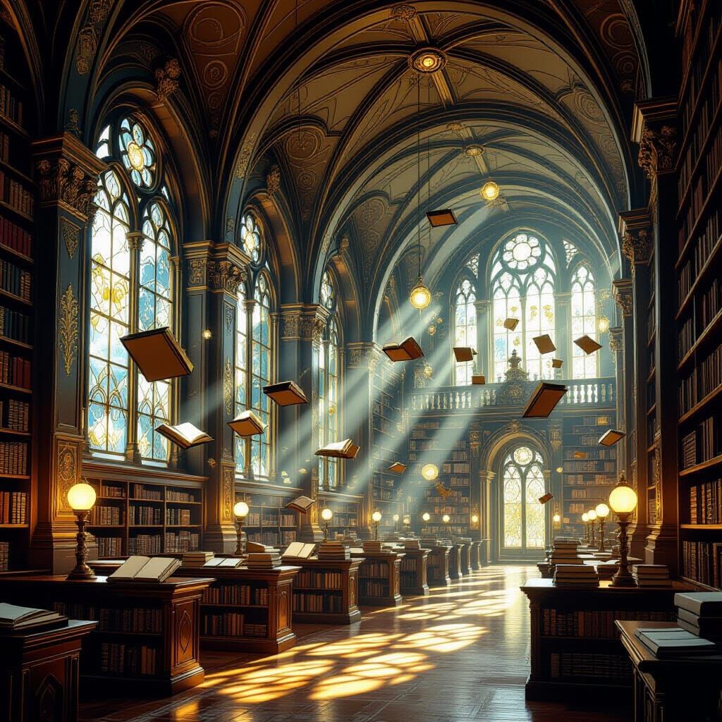 Ancient Library with Floating Books and Ethereal Light