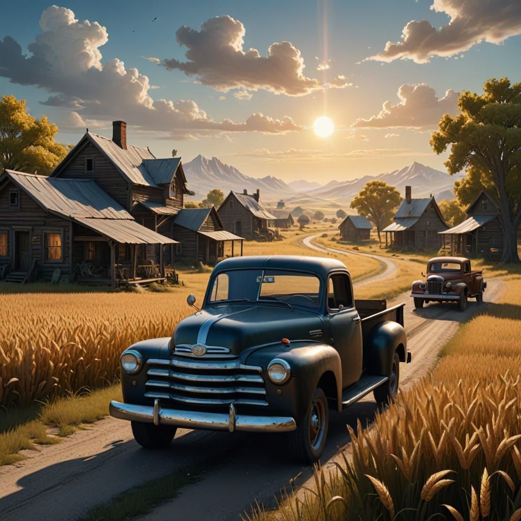 1950s American Countryside with Pickup Truck