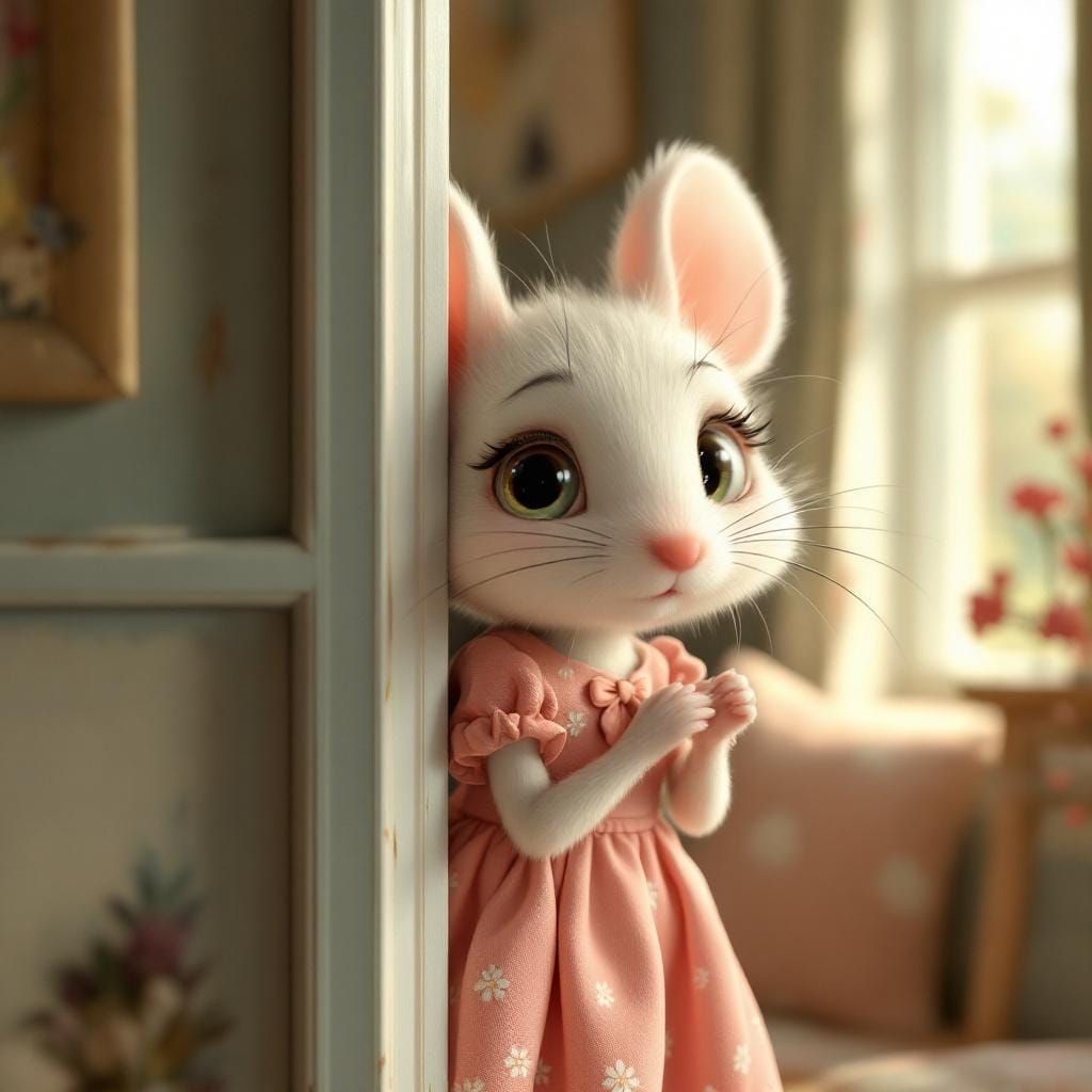 Adorable Mouse in Pink Dress, Whimsical 3D Render