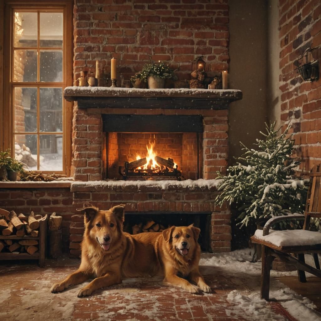 Cozy Winter Scene with Dog by Fireplace
