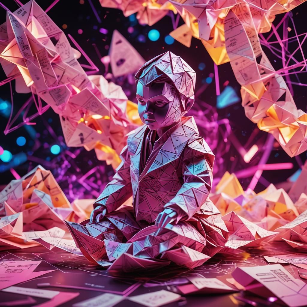 Neon Origami Baby in Synthwave Futurism
