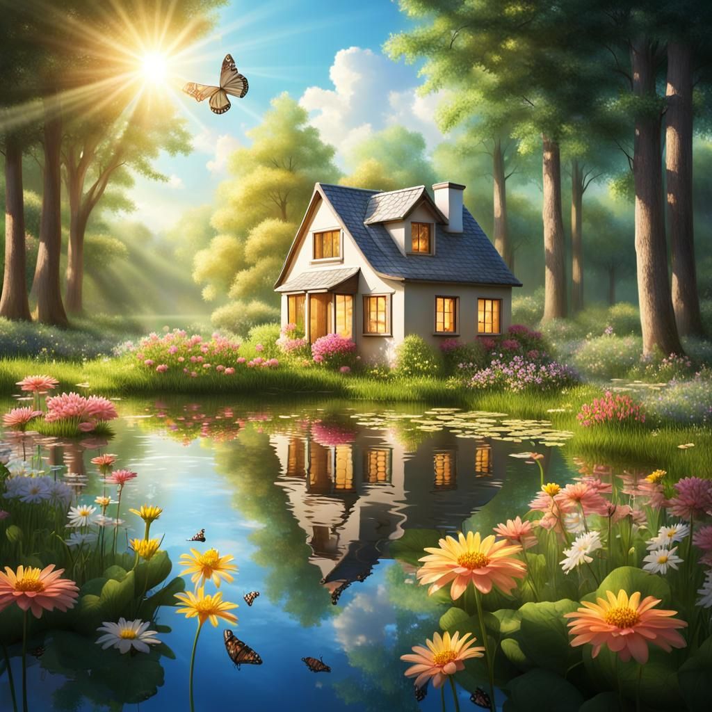 Idyllic Forest House by Pond with Butterflies