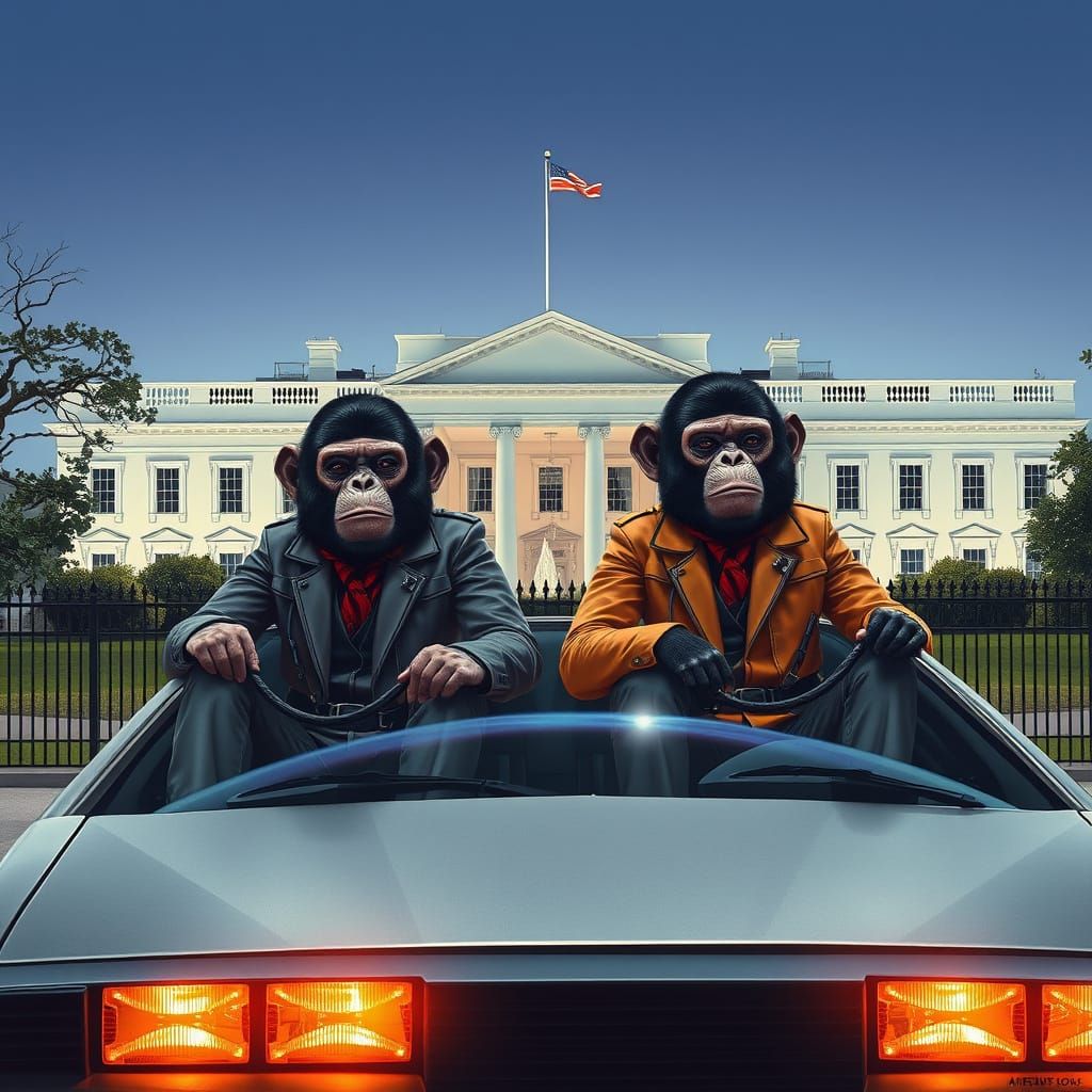 Two Apes in a Futuristic Delorean Visit the White House