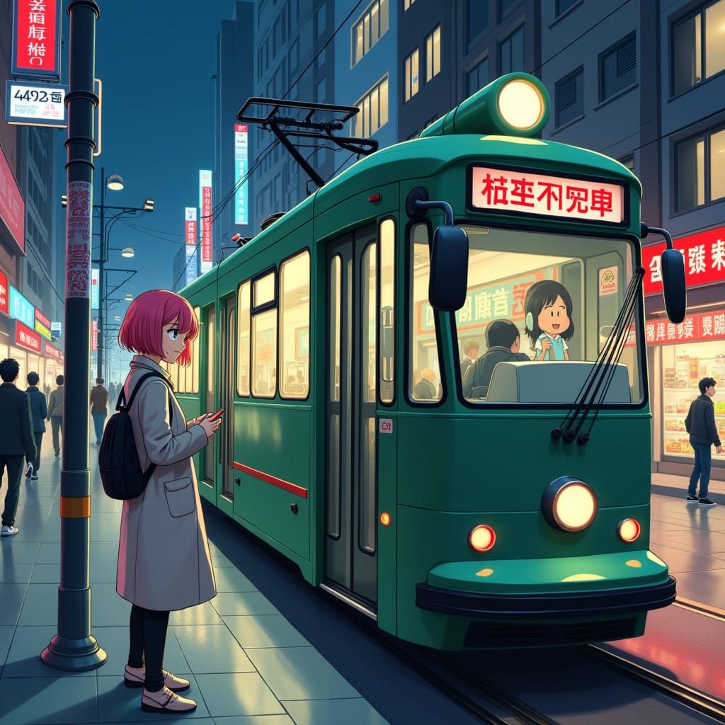 Anime City Night Scene with Young Woman and Tram