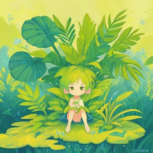 Pixies Resting on a Giant Plant in Abstract Art