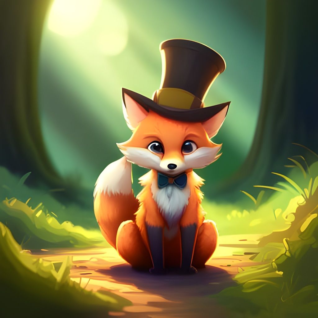Cute Chibi Fox in Top Hat, Digital Illustration