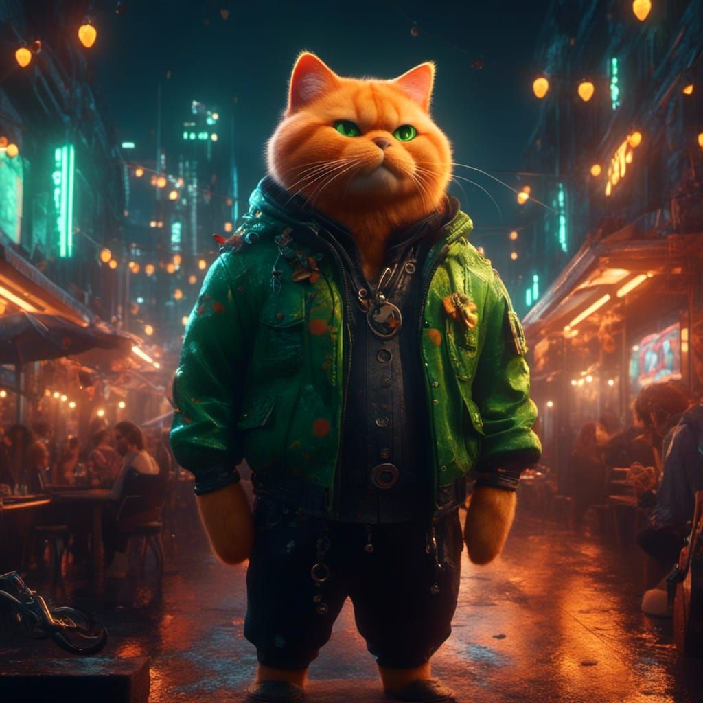 Orange Cat Gang Leader in Neon Cityscape