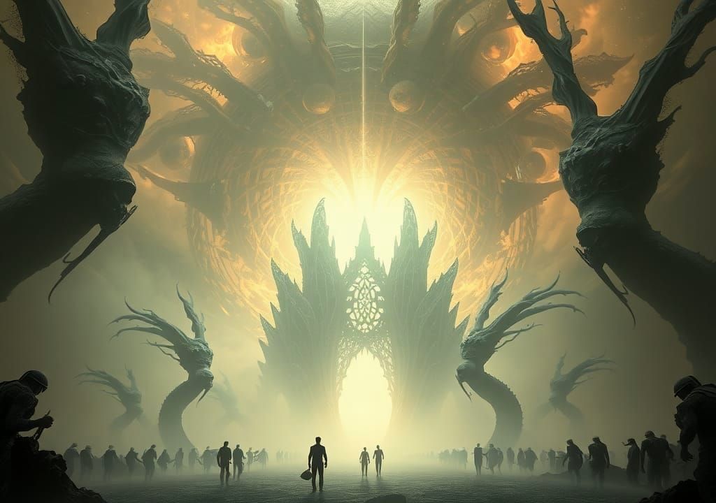 Ethereal Gateway Revealed by Cosmic Entity in Dark Fantasy