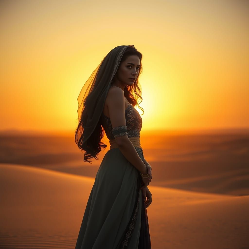 Zahia in Desert Sunset, Inspired by Digital Art Styles