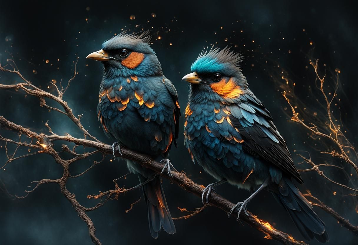 Glowing Birds on Branch in Surreal Style