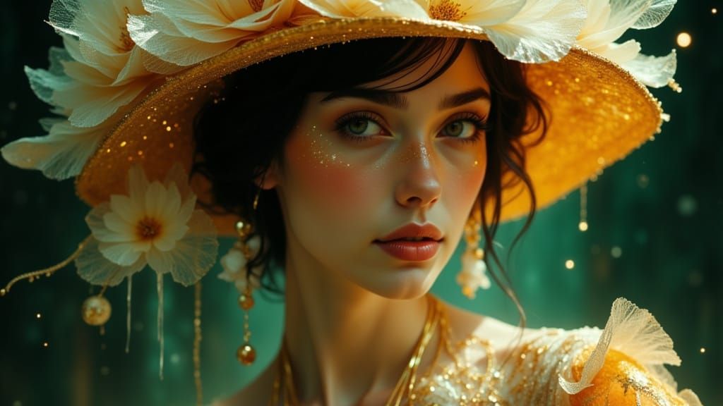 Ethereal Woman in Vintage Lace and Floral Hat