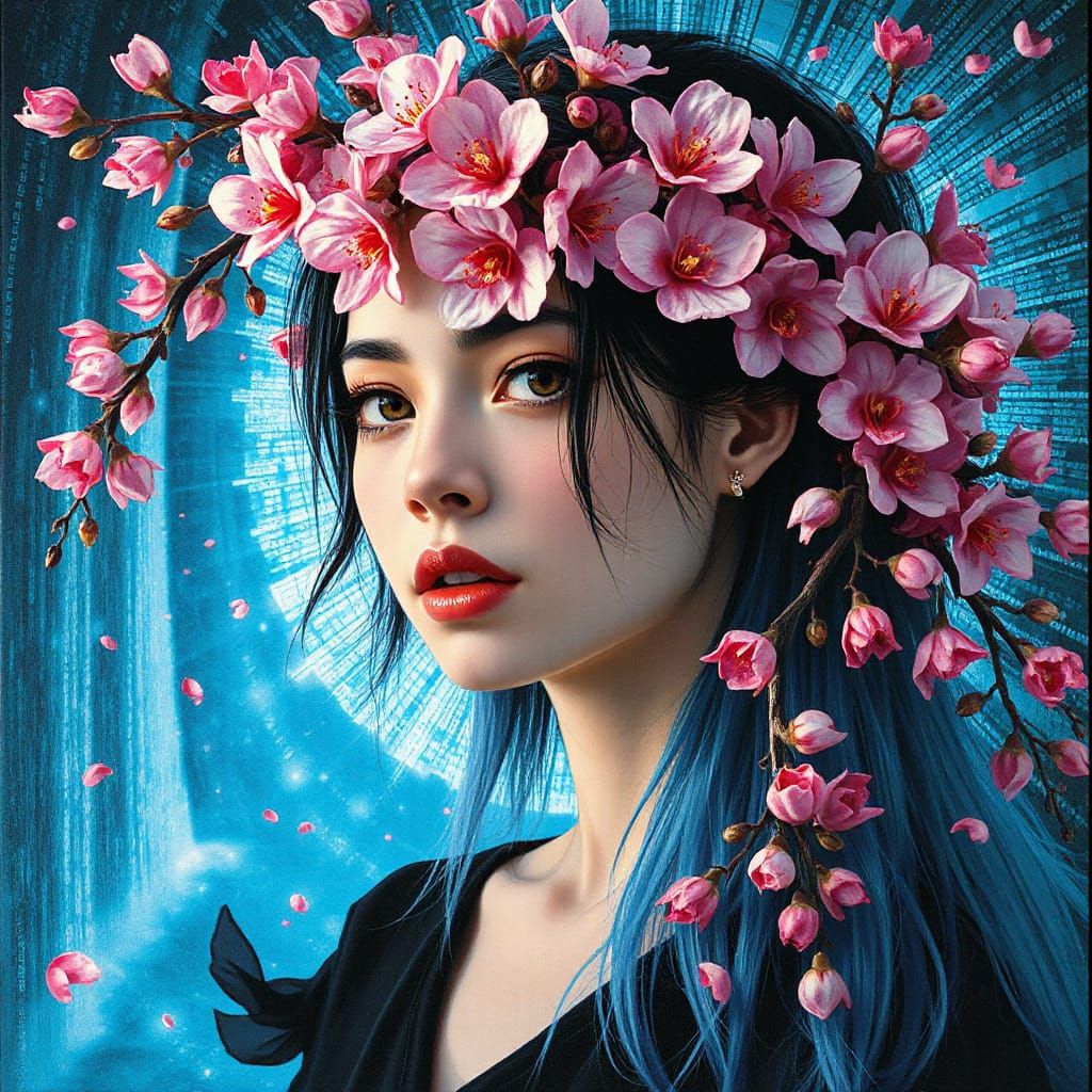 Surreal Cherry Blossom Woman in Art Nouveau Style