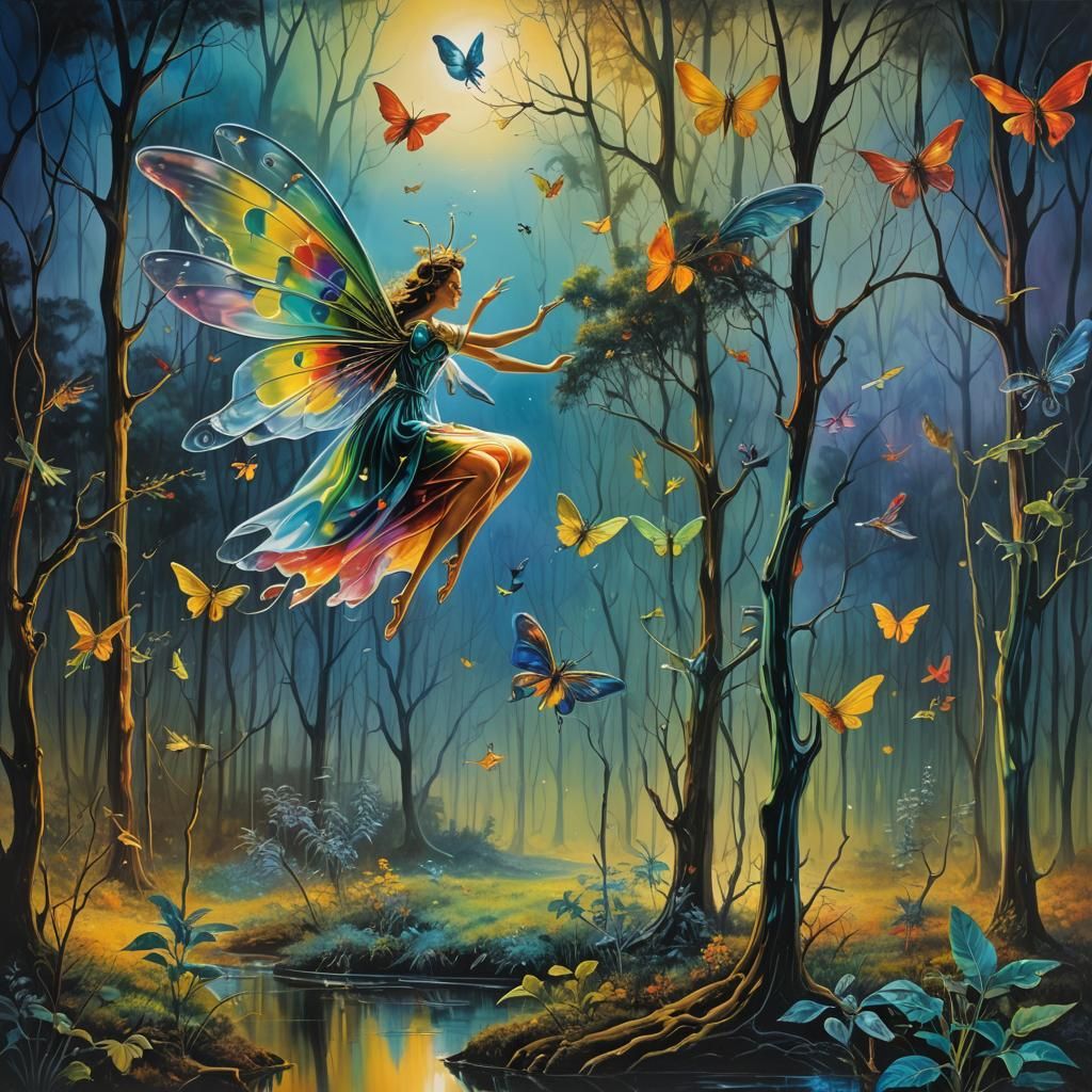 Surreal Firefly with Rainbow Wings in Forest